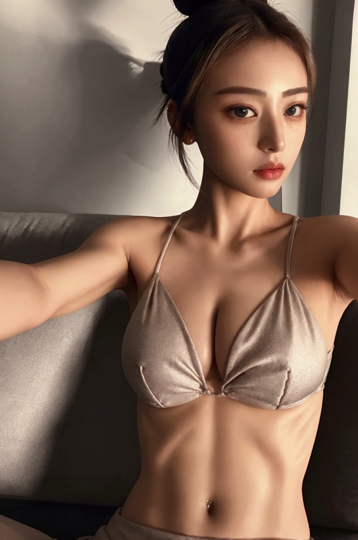 ((Highest quality, 8k, masterpiece :1.3)), Selfie, One person, beautiful woman with slim abs :1.3, (Hair Bun, chest :1.2), bikini :1.1, sofa, Highly detailed face, Detailed eyes, double eyelid