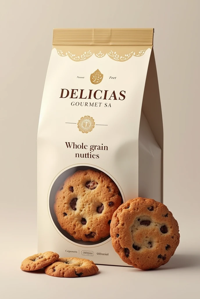 (photorealism:1.2), Make a cookie packaging that has the company name and the design of the cookies.. company "DELICIAS GOURMET SA" and Whole grain nut cookies LET IT BE PRETTY. LET IT BE SEEN FROM BOTH SIDE