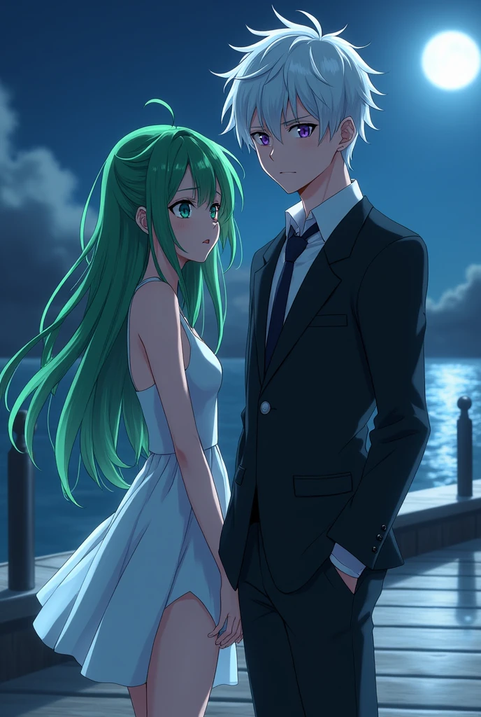 izuku midoriya fem, girl with green eyes, long green hair, somewhat messy, izuku midoriya eyes, freckles, with a white dress, cut on one of her legs revealing her thighs , somewhat nervous next to sanemi shinazugawa boy with white hair, purple eyes, eye shape like sanemi shinazugawa from demon slayer,with a black suit and a white shirt underneath , on an evening at a dock under the moonlight