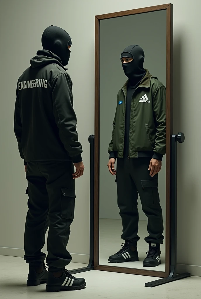 a person looking in the mirror wearing black work clothes with safety shoes and the word engineering written on the back of his clothes, but the reflection of the mirror is a person wearing a black balaclava with a green nord logo jacket and black adidas shoes with 3 blue stripes