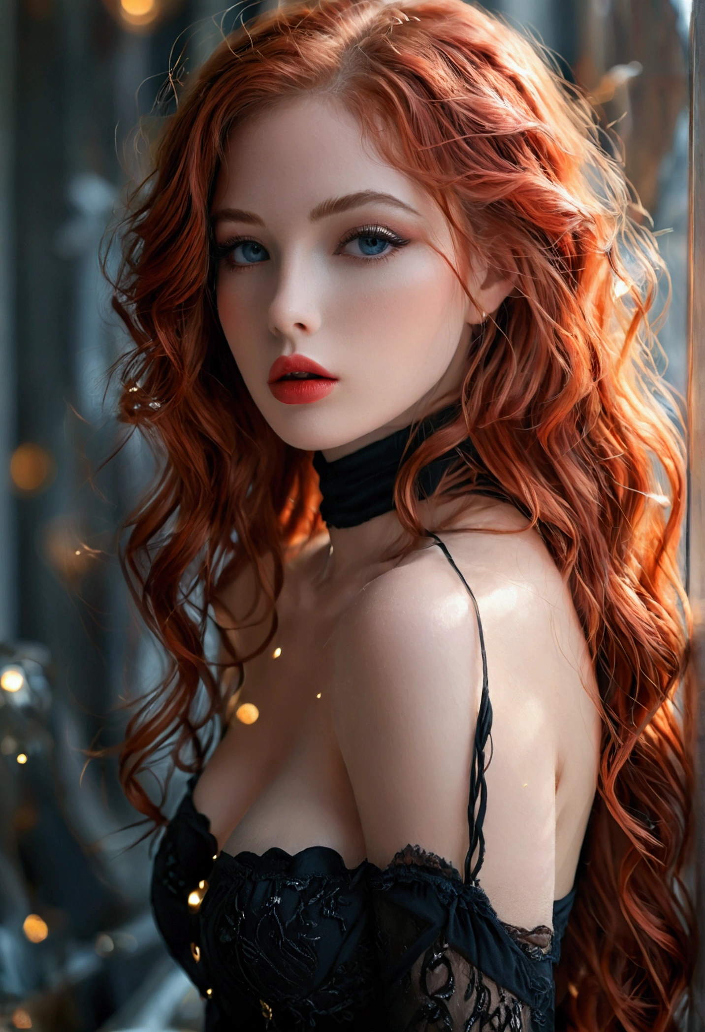 femele、(Orange hair)、(shorth hair)、(Turquoise eyes)、a miniskirt、gothic lorita、(Black lace shorts)、large full breasts、thin-waist、thick thight、Blushing face、Posture with open legs、Black Bed、Cinematographic lighting、Sweaty face、embarrassed from、
