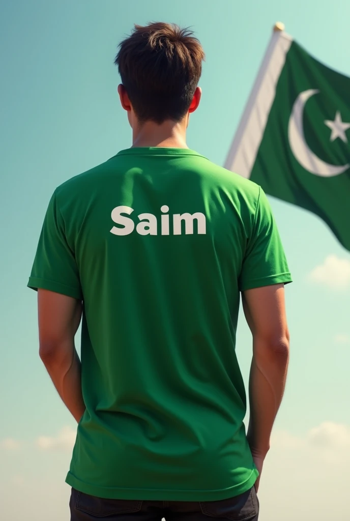 A person worn Pakistan green T-shirt with name saim and face backside and in hand Pakistan flag 