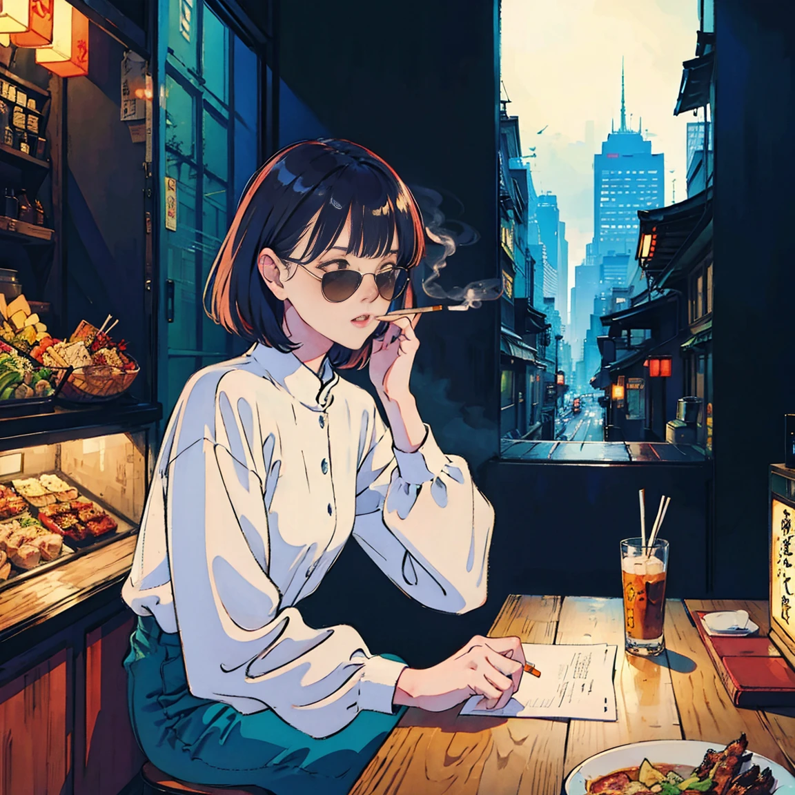 Beautiful redhead Asian girl sitting in a restaurant at night, Visible from the window, Perfect Face, sunglasses, Smoking white Taylormade cigarettes, Neon Black, (Backlight: 1.1), Hard Shadows, masterpiece, Highest quality, Complex, Model shooting style, Vintage, Film Grain, Incomplete details,cigarette,cigarette, Yakitori, 手に持ったYakitori, 