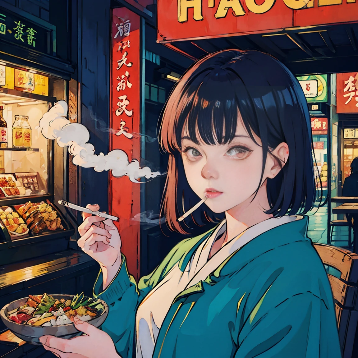 Beautiful redhead Asian girl sitting in a restaurant at night, Visible from the window, Perfect Face, sunglasses, Smoking white Taylormade cigarettes, Neon Black, (Backlight: 1.1), Hard Shadows, masterpiece, Highest quality, Complex, Model shooting style, Vintage, Film Grain, Incomplete details,cigarette,cigarette, Yakitori, 手に持ったYakitori, 