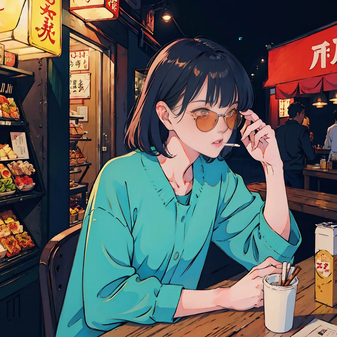 Beautiful redhead Asian girl sitting in a restaurant at night, Visible from the window, Perfect Face, sunglasses, Smoking white Taylormade cigarettes, Neon Black, (Backlight: 1.1), Hard Shadows, masterpiece, Highest quality, Complex, Model shooting style, Vintage, Film Grain, Incomplete details,cigarette,cigarette, Yakitori, 手に持ったYakitori,