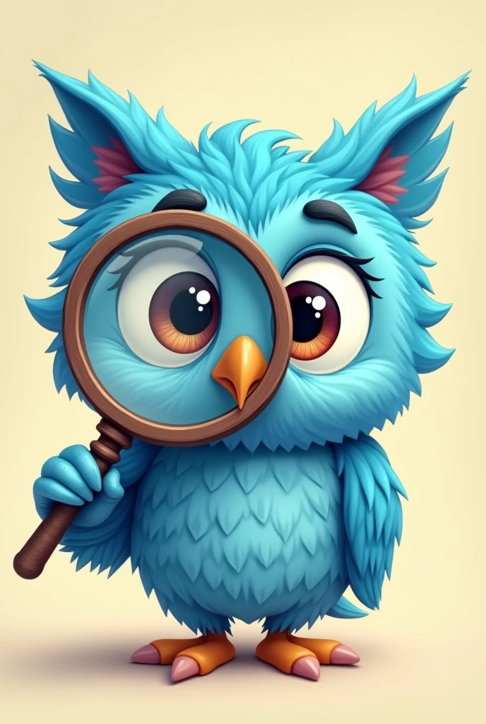 cartoon blue owl holding really big magnifyingn glass zoomed to the whole paper. one of the right eye is inside the magnifying glass
