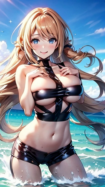 masterpiece,highest quality,Valley Haze,cute,beautiful hair,beautiful bust,beautiful hips,hot limit costume,Healthy bare skin,big breasts,well-shaped chest,Sea stage,sing with a smile,１girl girl,gold pinkcolor,twintailshair,cute,coastal,Midsummer blue sky,enjoy,perfect finger,perfect hands,perfect body,