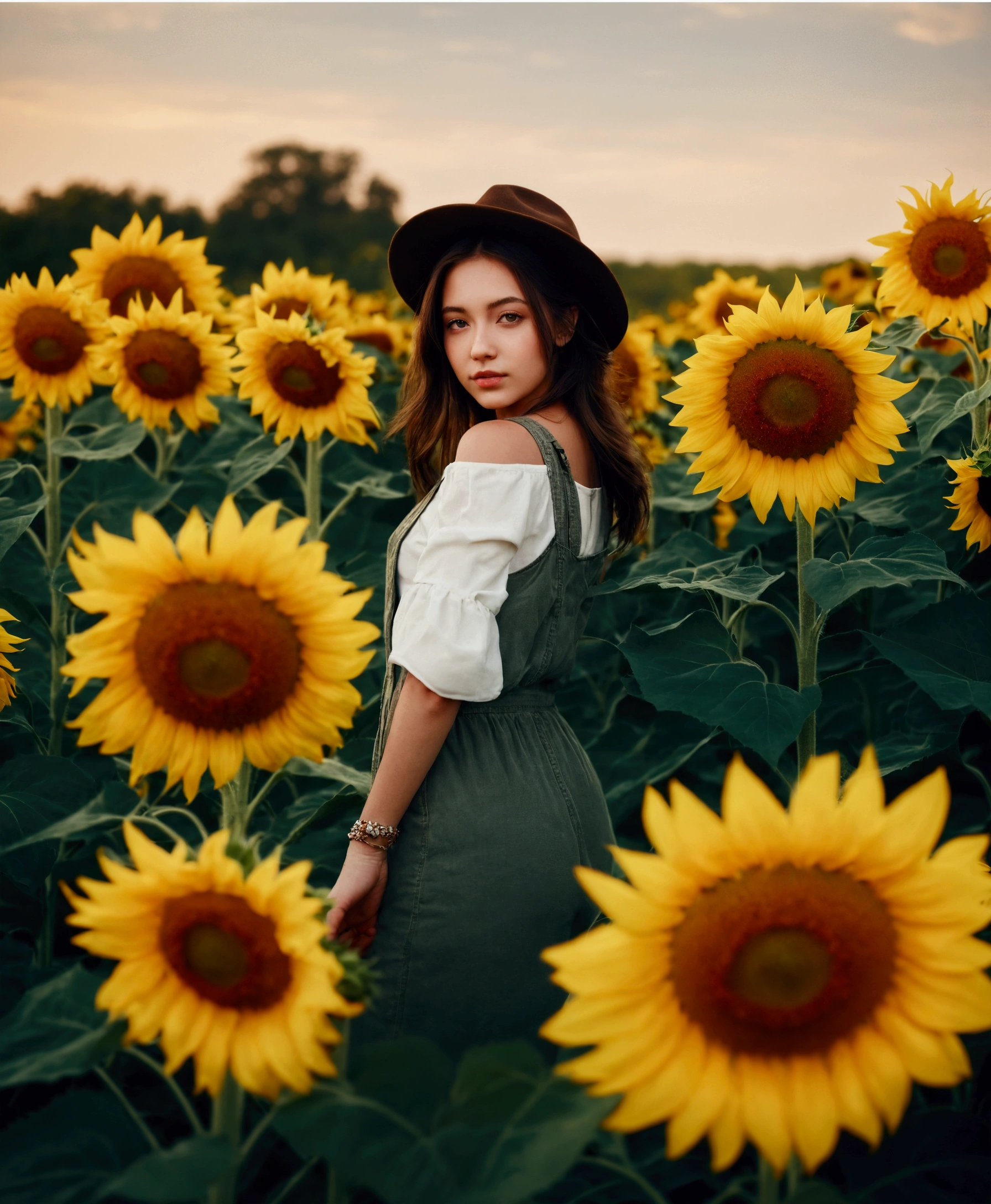 Beautiful girl standing in sunflowers, sunflowers in the field