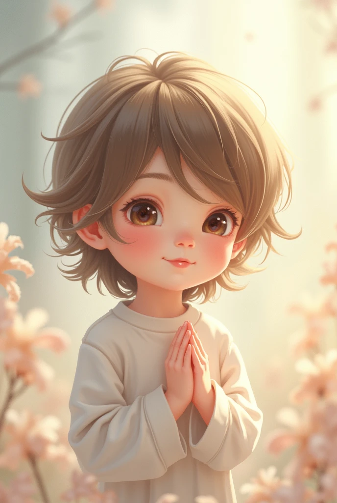 Make a sweet tender boy, low-stature, very beautiful with loose and even hair