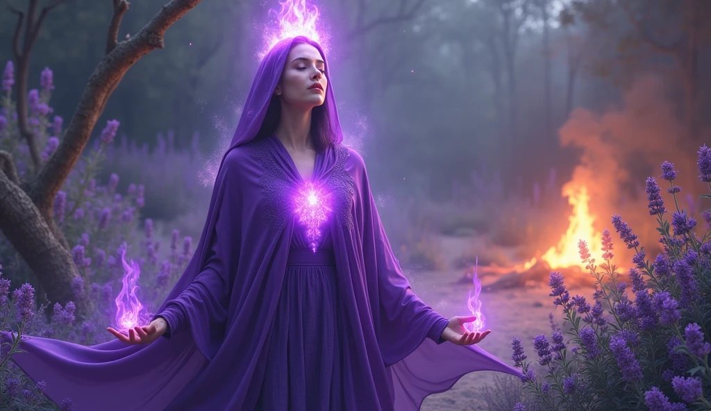 mulher com capa ESTILOSA violeta de sacerdutisa, du , no chakra da coroa e du peito sai uma grande chama violeta, convey depth, ao fundu jardim com varias ervas aromatizantes, Lavender, mint, many crystals, fogueira ao fundu