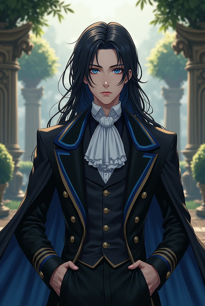 Anime serious Prince with long black hair and blue almond-shaped eyes. The Victorian era.