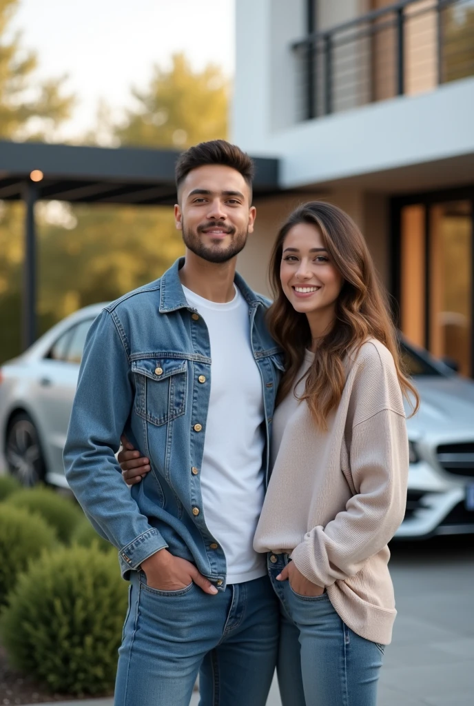 ung man with his wife in front of a building and a car