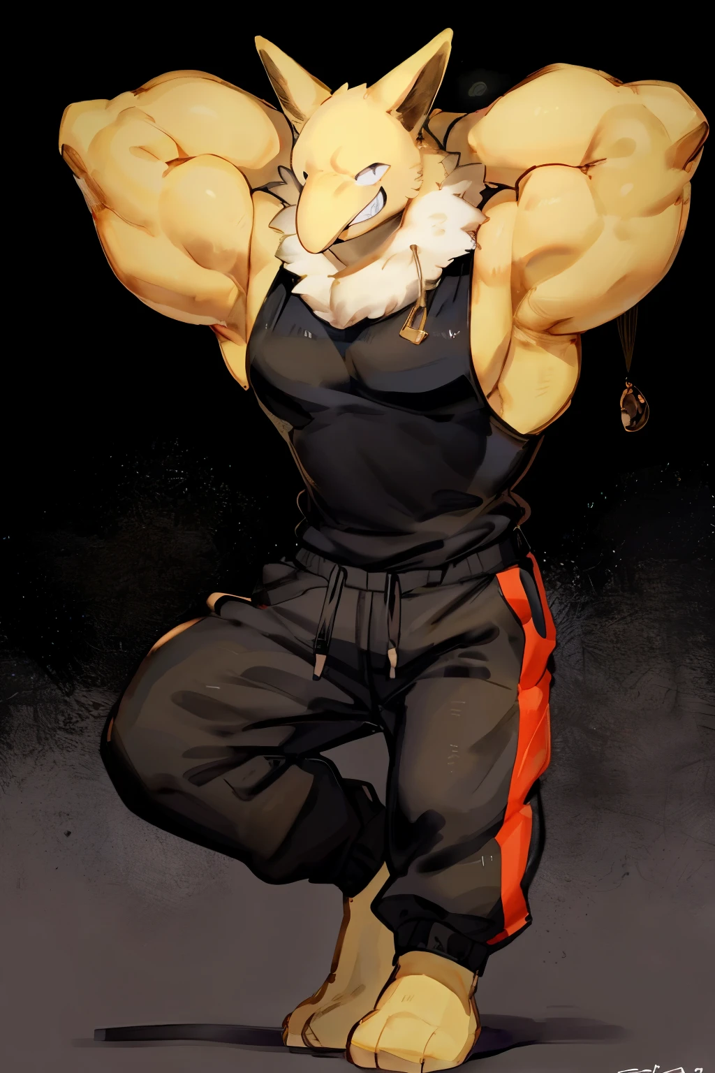 Furry, Anthro, solo, Hypno, Male, (((muscular body, massive male pectorals, yellow skin, fluffy neck, wearing white fur around neck))), ((((massive biceps, wide-eyed, head tilted, walking)))), ((((((massive bulky torso, hands behind head, teeth grin, wearing black full male tanktop, wearing black sweatpants, barefoot)))))), full body, black/yellow spraypainted background, by buta99, by zackary911, by bebebebebe, (((digital painting)))