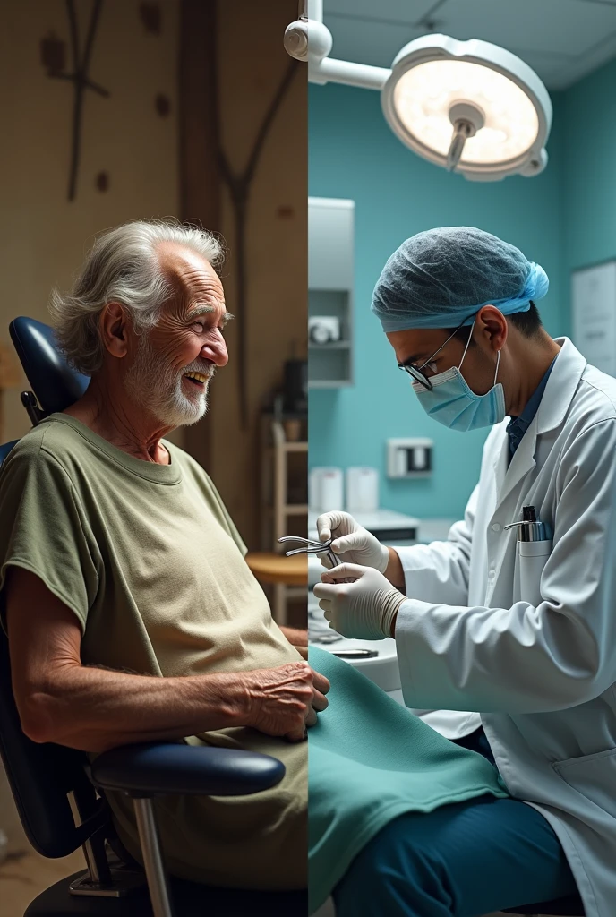 generate a realistic image where you compare ancient and modern dentistry. In old dentistry it shows a scared older adult and in current dentistry it shows a professional with new equipment