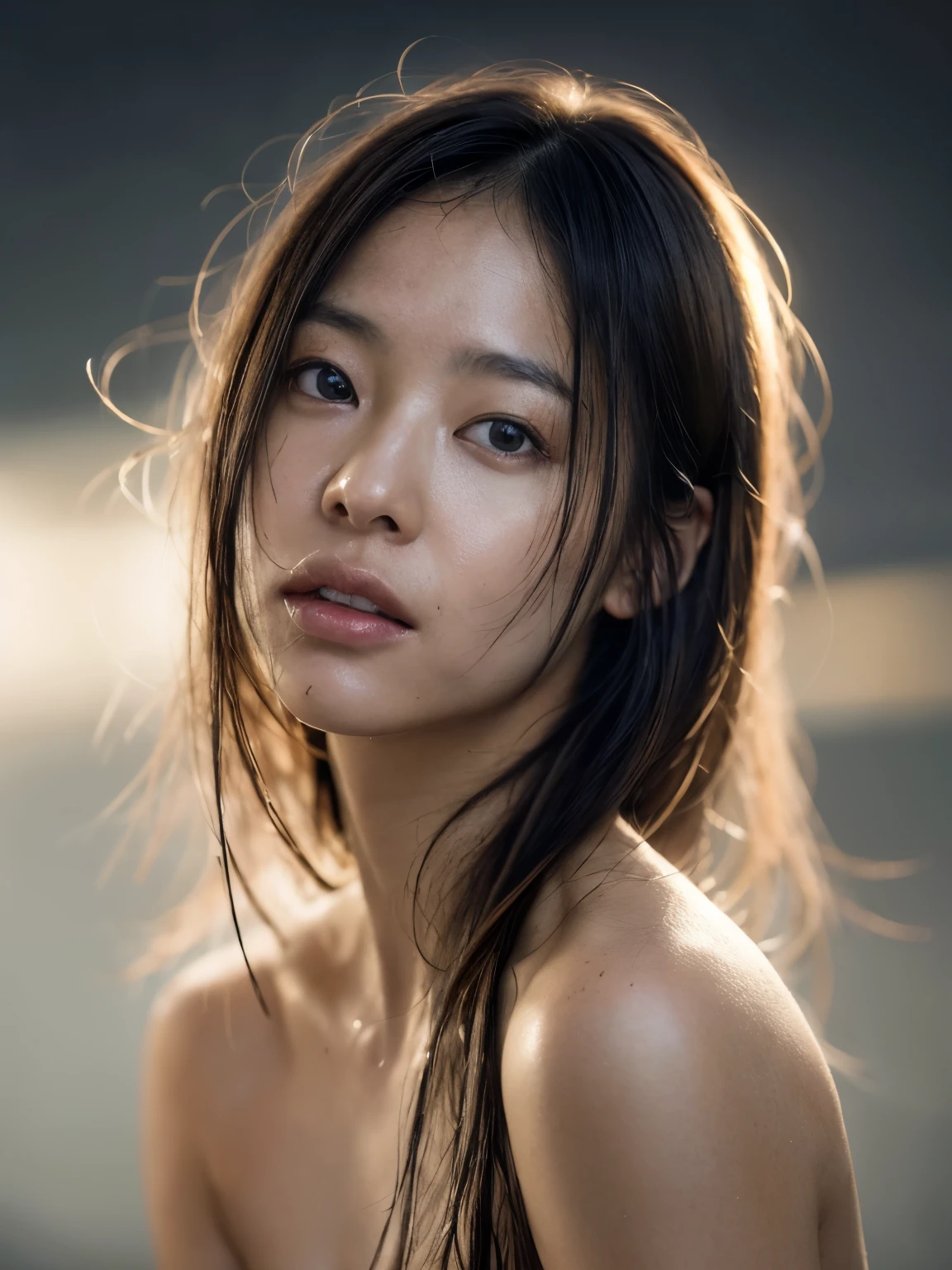 an eye contact of a blond with shoulder length hair and dark theme. Naked, Half American half Asian. With a green screen.