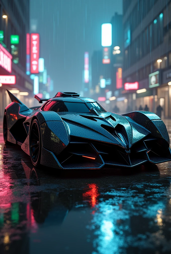 a highly detailed and futuristic Batmobile, ultrarealistic, photorealistic, 8k, HDR, physically-based rendering, studio lighting, cinematic lighting, advanced technology, sleek design, high-tech vehicle, aggressive styling, muscular body, sharp edges, neon highlights, carbon fiber accents, advanced aerodynamics, hybrid engine, advanced AI system, radar and sensors, advanced weapons systems, floating holographic displays, seamless integration of Toyota, BMW, Mercedes, Ferrari design elements, cinematic angle, dramatic shadows and highlights, moody color palette, neon lights, rainy urban environment, cyberpunk aesthetic