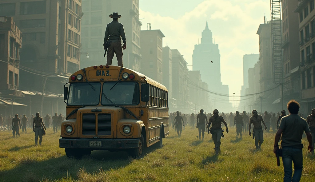 Man in cowboy hat standing on the roof of bus, facing back or with your back to the camera. It can be seen that the buildings around the forest were destroyed., add grass to the ground. The bus is surrounded by realistic zombies.