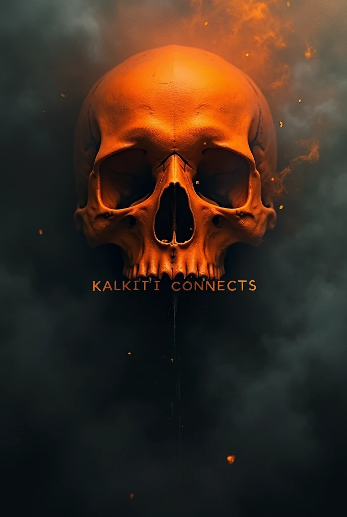 Orange skull without lower jaw and dark fog surrounding it with "Kalki Connects" written on it