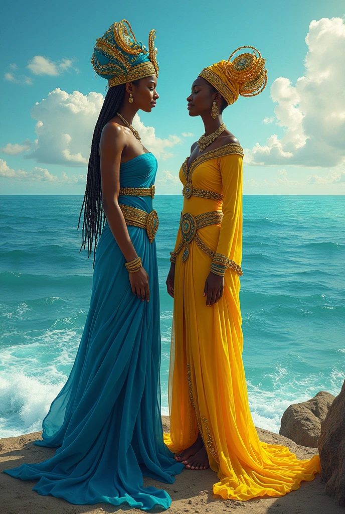 Creating the orishas Oxum in yellow and Yemanja in blue by the sea