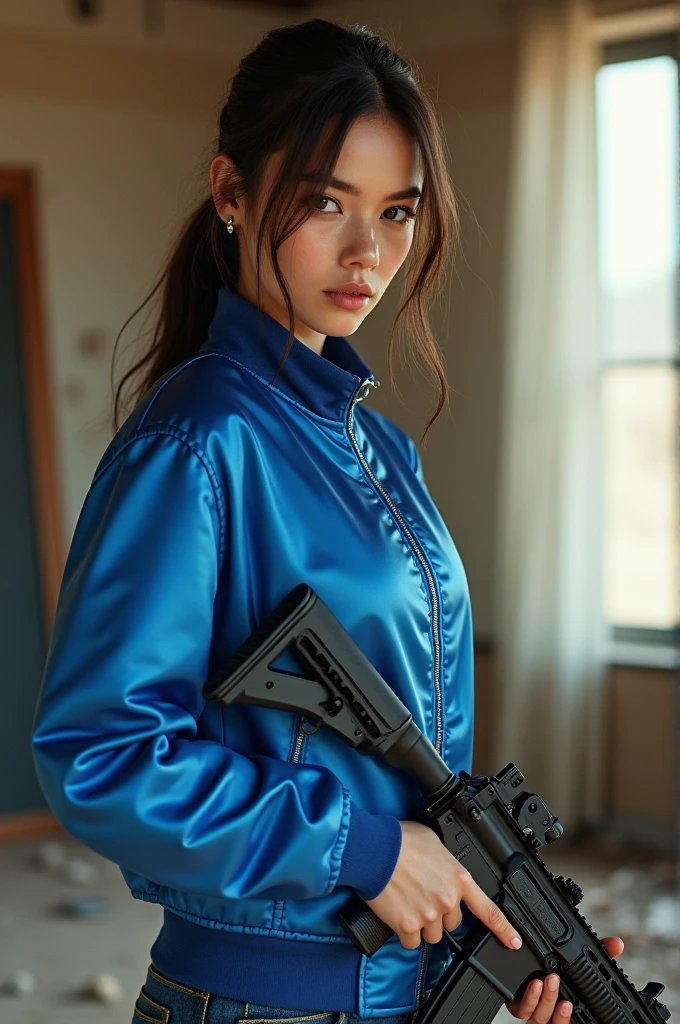 living room background, wasteland,, fragments, soft feminine royal blue and white satin bomber jacket, woman holding rifle,fighting stance,almost perfect, pure form, intricate details, 8K post-production, high resolution, super detailed, Popular topics on Artstation, sharp focus, Studio photos, intricate details, Very detailed, author:Greg Rutkowsky