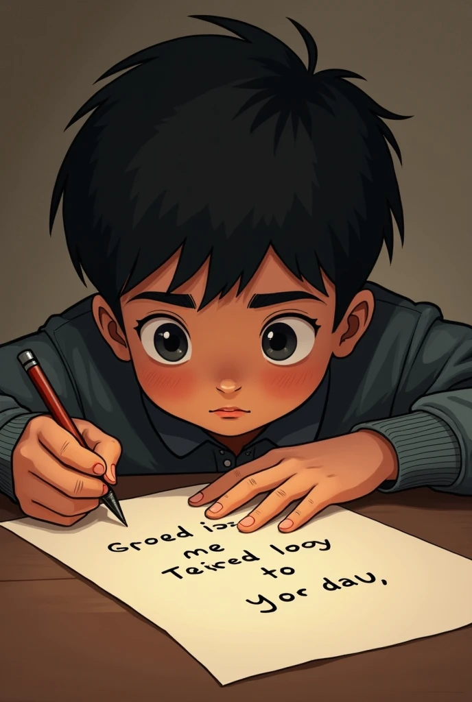 A boy is standing writing Sorry Sinthiya in paper