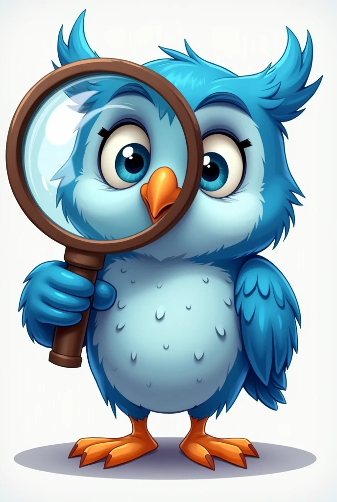 cartoon blue owl holding really big magnifyingn glass zoomed to the whole paper. one of the right eye is inside the magnifying glass less ai looking