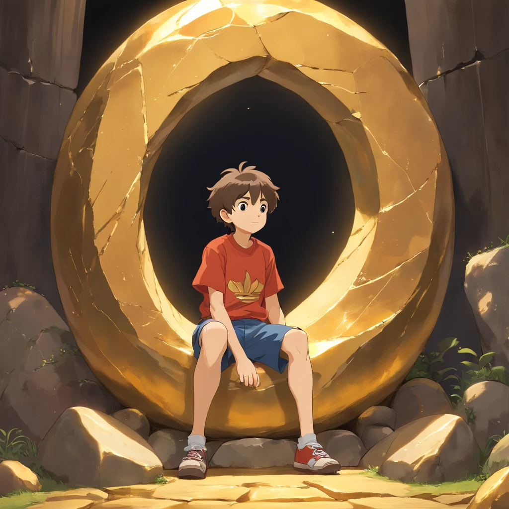 Make a boy sit on the big gold stone and his tshirt is black and the printed name which name is yash and boy was 16 year old and skin is slightly brown
