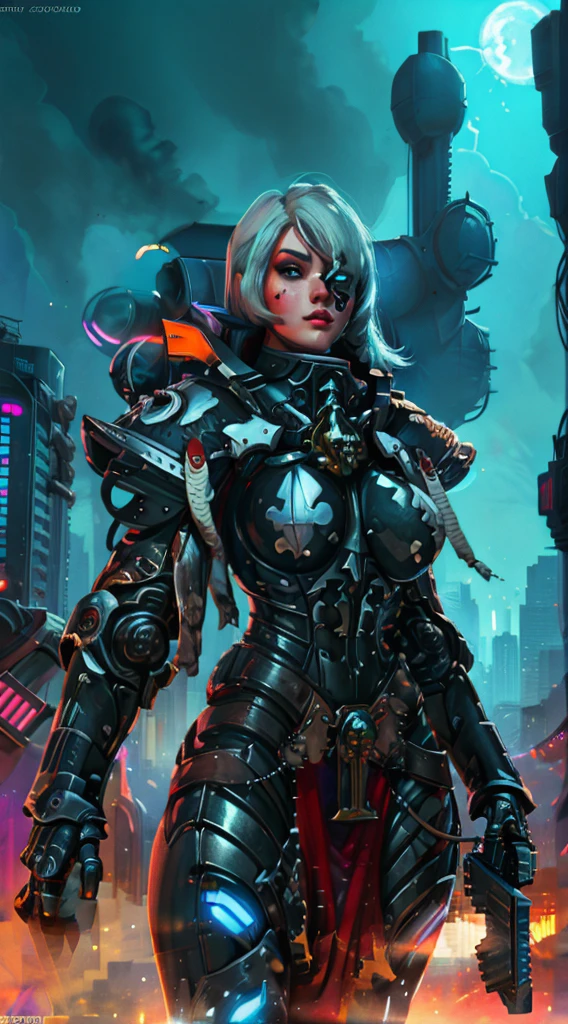 A robot girl adepta sororitas with a futuristic appearance and advanced technology, (ultra-detailed,realistic:1.37), [prostituta], beautiful detailed eyes, beautiful detailed lips, long eyelashes, eyepatch , vibrant synthetic skin, sleek metallic body, glowing LED lights, impeccable makeup and hairstyle. She stands in a bustling city street, surrounded by holographic advertisements and neon lights. The cityscape is filled with towering skyscrapers and futuristic vehicles. The air is filled with a mix of artificial scents and the bustling sounds of people and machines. The robot adepta sororitas confidently walks with a graceful and alluring demeanor, drawing the attention of onlookers. The color palette is a combination of vibrant neon colors and cool metallic tones. The lighting is a mix of the bright city lights and the soft glow of the robot girl's LED lights on her body, creating an enchanting atmosphere. The image is of the highest quality, with ultra-detailed rendering and a photorealistic appearance.
