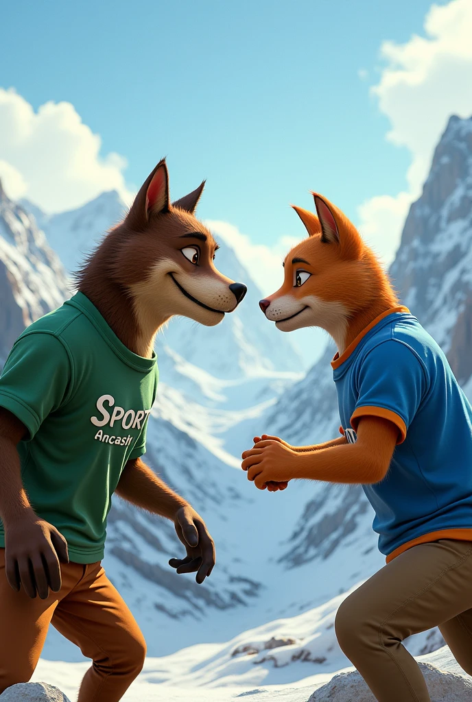A mud dog, with a green shirt that says 'Sport Ancash', faces an anthropomorphized cat with a blue t-shirt and orange details. They are in the realistic stage, with snow-capped mountains in the background, both challenging and ready to play.