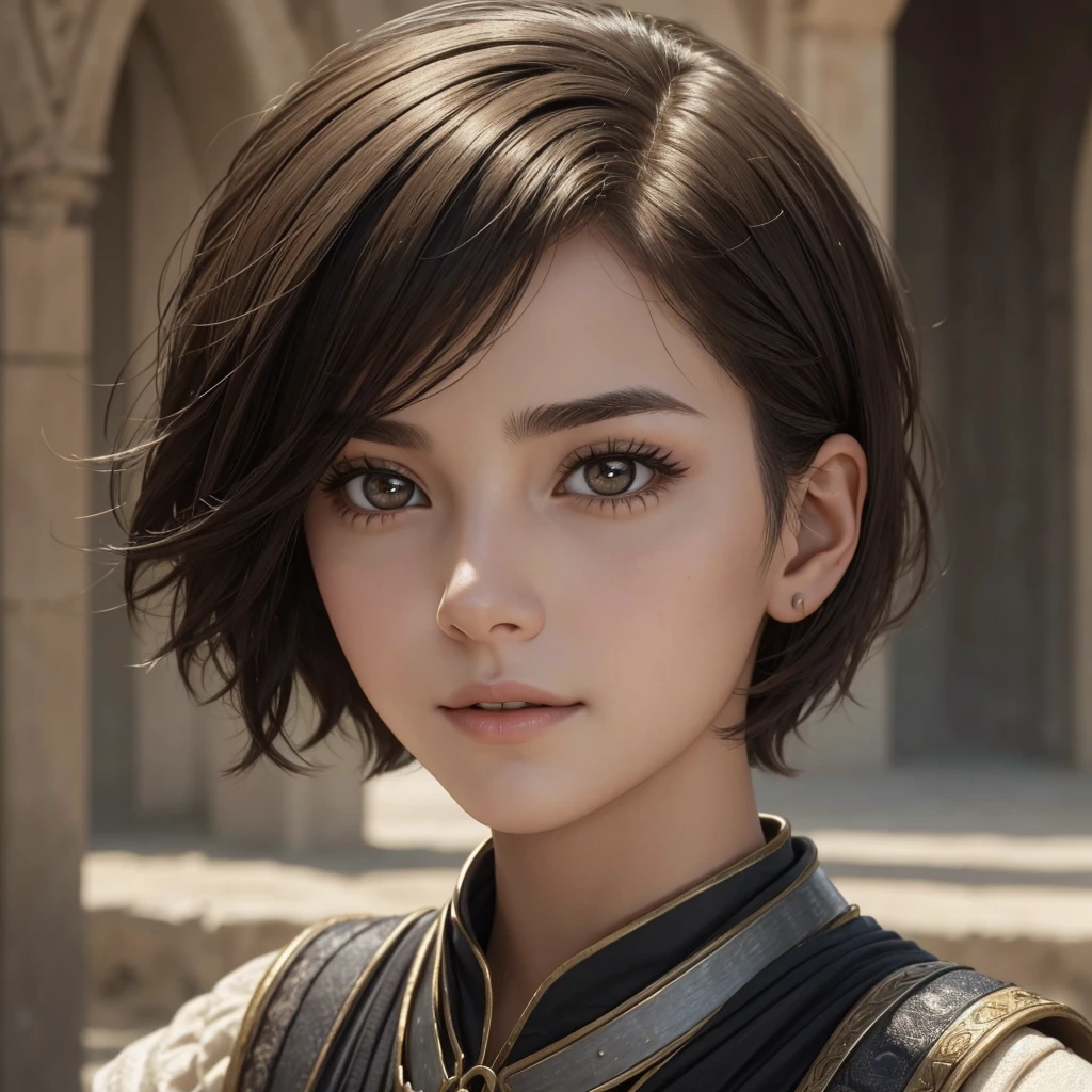 "A close-up of Liora, a medieval-inspired female character with a youthful appearance. She looks like she's in her late s, though she's actually 30 years old. Liora has a bright and lively demeanor with an energetic and cheerful expression. Her face is more androgynous, closer to a boyish look, with soft, youthful features. Her short hair is practical and in a natural color like brown or black. In this close-up, Liora's eyes are wide open in surprise and amazement, with her eyebrows raised and mouth slightly agape. The background is blurred to keep the focus on her expressive face, conveying a sense of shock and wonder."