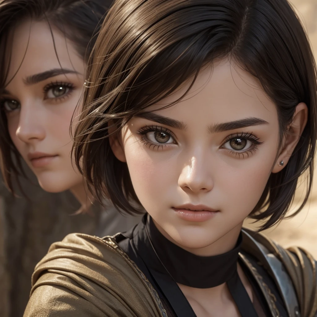 "A close-up of Liora, a medieval-inspired female character with a youthful appearance. She looks like she's in her late teens, though she's actually 30 years old. Liora has a bright and lively demeanor with an energetic and cheerful expression. Her face is more androgynous, closer to a boyish look, with soft, youthful features. Her short hair is practical and in a natural color like brown or black. In this close-up, Liora's eyes are wide open in surprise and amazement, with her eyebrows raised and mouth slightly agape. The background is blurred to keep the focus on her expressive face, conveying a sense of shock and wonder."