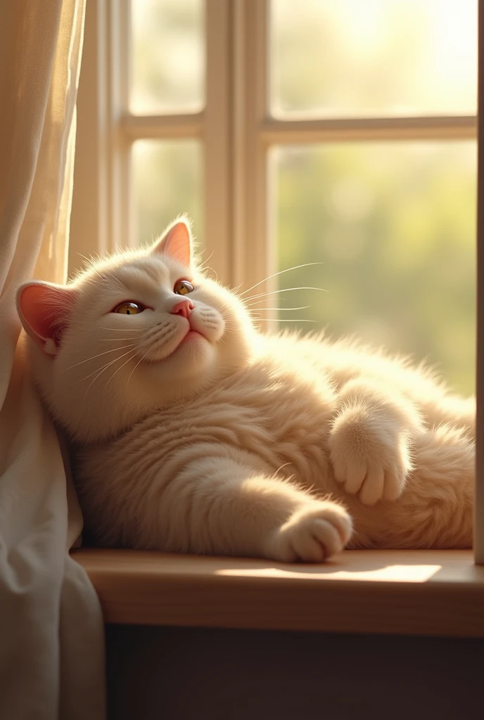 A chubby, big-eyed, and adorable cat named Tama is lounging on a sunny windowsill, basking in the warm sunlight. The cat looks completely relaxed, with its eyes half-closed and a content expression on its face. The scene is very realistic, with detailed fur textures and soft lighting, and the cat's exaggeratedly relaxed posture conveys a sense of complete peace and satisfaction.