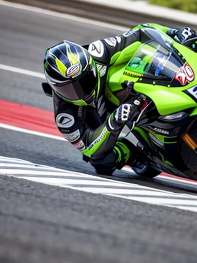 city, Kawasaki supersport motorcycle, cornering, woman hanging off, colorful racing suit,closeup shot, low angle shot,