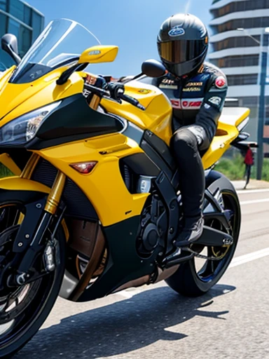 city, Kawasaki supersport motorcycle, cornering, woman hanging off, colorful racing suit,closeup shot, low angle shot,