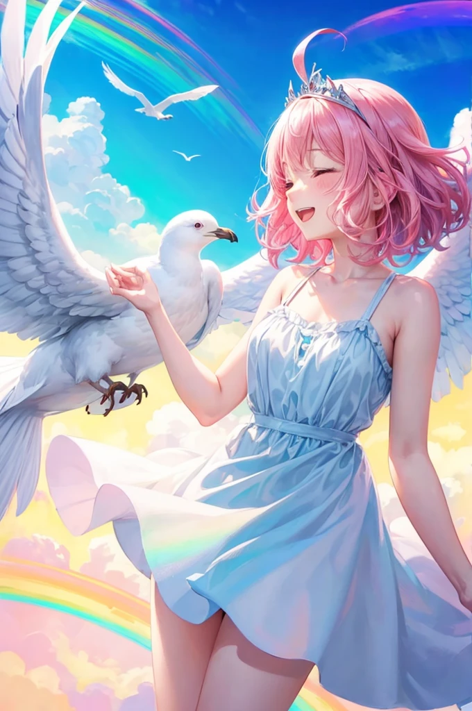 1girl, Pink hair, twintails, short hair, horse ears, tiara, pink eyes,
masterpiece, (best quality), (extremely detailed:1.4), (highres:1.4), super fine Illustration,
(big gull), 1girl and 1gull, (from side), frying (with gull), (hand to the big gull), talking to the gull, looking at the gull, eye contact to the gull, playing with gull, beautifull sky, cloud, morning glow, looking up, closeup,
angel wings, shiny skin, shiny hair, floating hair, floating clothes, bloom, smile, open mouth, closed eyes, happy, bareshoulder, white sundress,
watercolor (medium), soft pastel color, dutch angle, colorful background, rainbow background,