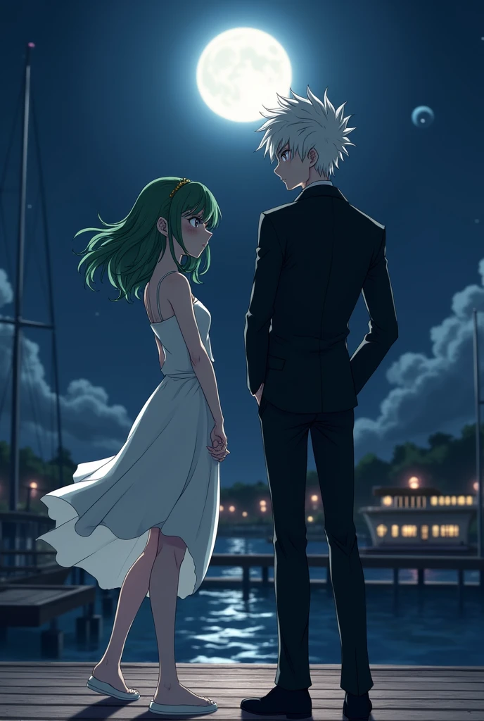 izuku midoriya fem, girl with green eyes, long green hair, somewhat messy, izuku midoriya eyes, freckles, with a white dress, cut on one of her legs revealing her thighs , somewhat nervous next to sanemi shinazugawa boy with white hair, purple eyes, eye shape like sanemi shinazugawa from demon slayer,with a black suit and a white shirt underneath , on an evening at a dock under the moonlight