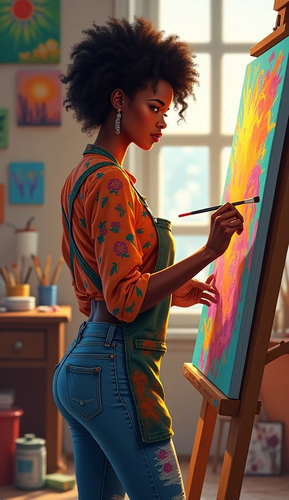 Create an image of a young black woman named Amara Thompson. She is standing in an art studio, holding a paintbrush and a paint palette. The studio is full of art supplies and canvases. Amara wears an apron over a colorful blouse and jeans. She has a focused smile as she works on a canvas.