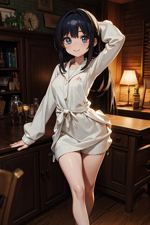 a beautiful anime-style girl in a dirty beaker filled with liquid, a homunculus, a magic circle, a small room with a fluorescent flash, a perfect beautiful naked girl glowing from within, looking at the viewer, smiling, 3D rendering, impressive lighting, amazing, dangerous, monstrous