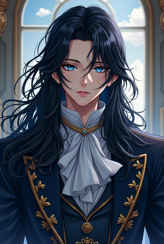 Anime Prince with long black hair and blue almond-shaped eyes. The Victorian era.