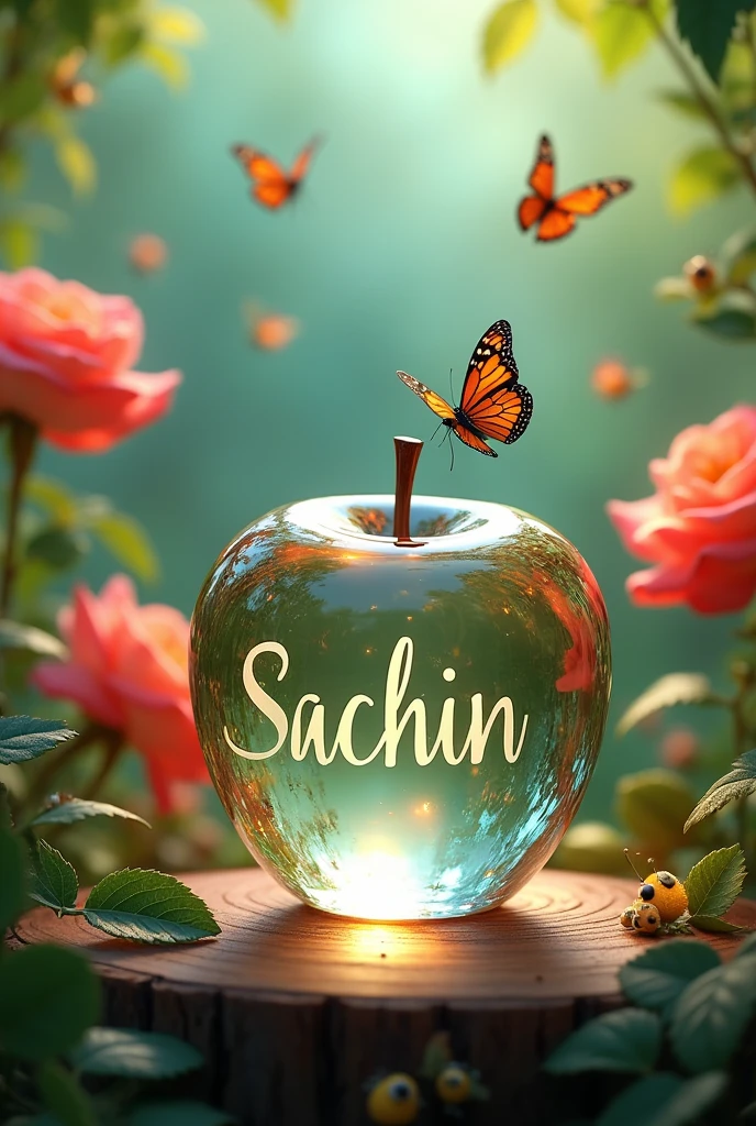 This is a transparent Apple shaped, it is made of glass with "Sachin" clearly written inside And surrounded by some green, rose , butterfly, bee green background and is placed on a wooden 