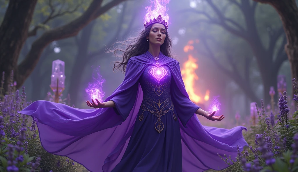 mulher com capa ESTILOSA violeta de sacerdutisa, du , no chakra da coroa e du peito sai uma grande chama violeta, convey depth, ao fundu jardim com varias ervas aromatizantes, Lavender, mint, many crystals, fogueira ao fundu