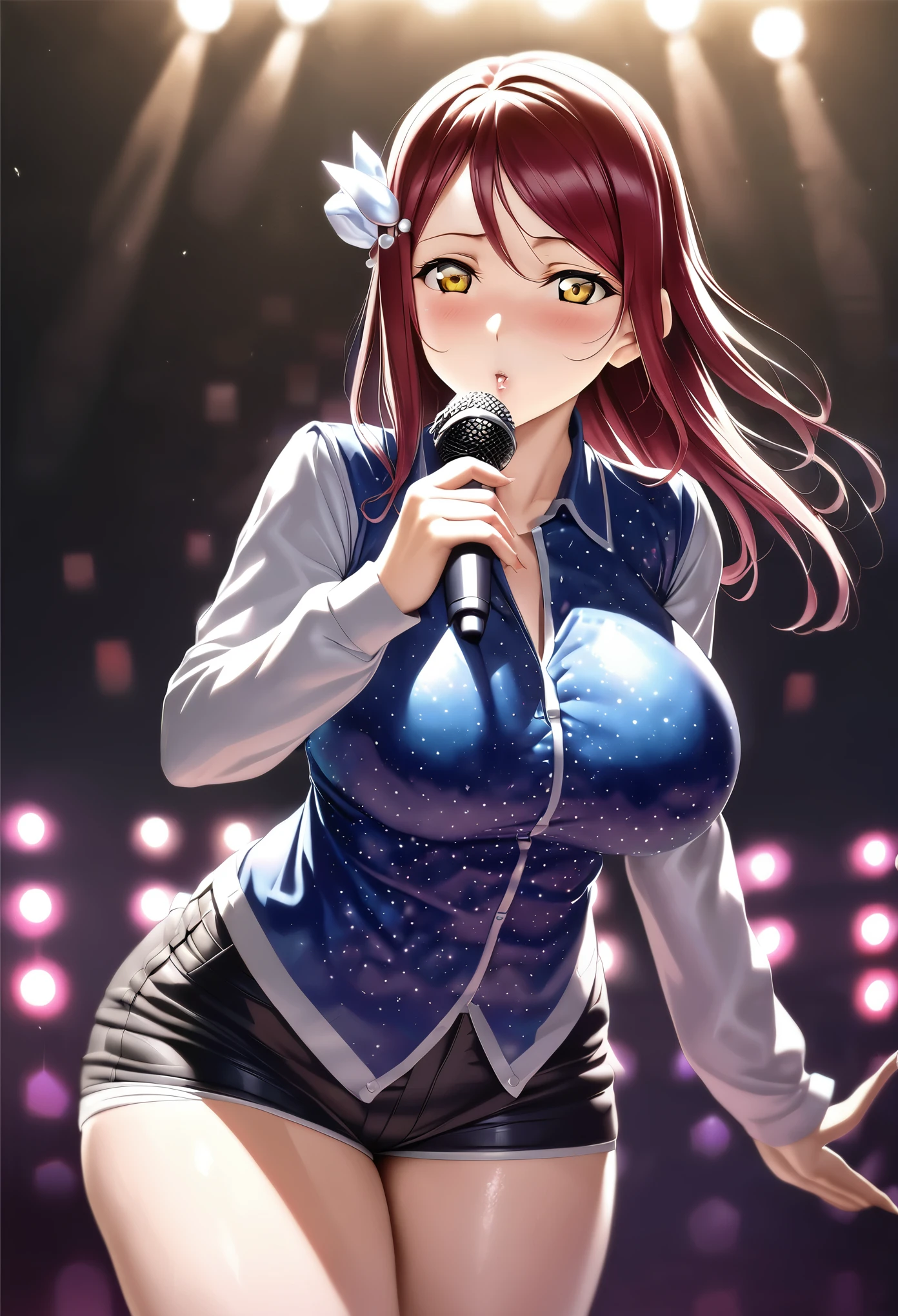 Hentai anime,hentai artist,masterpiece, best quality, realistic anime art, front light,solo, blue shiny top,long sleeved, short shorts,Crystal studded,idol, holding microphone,dark red hair , thighs,yellow eyes , sakurauchi riko love live, big breasts,standing , looking at viewer , on stage 