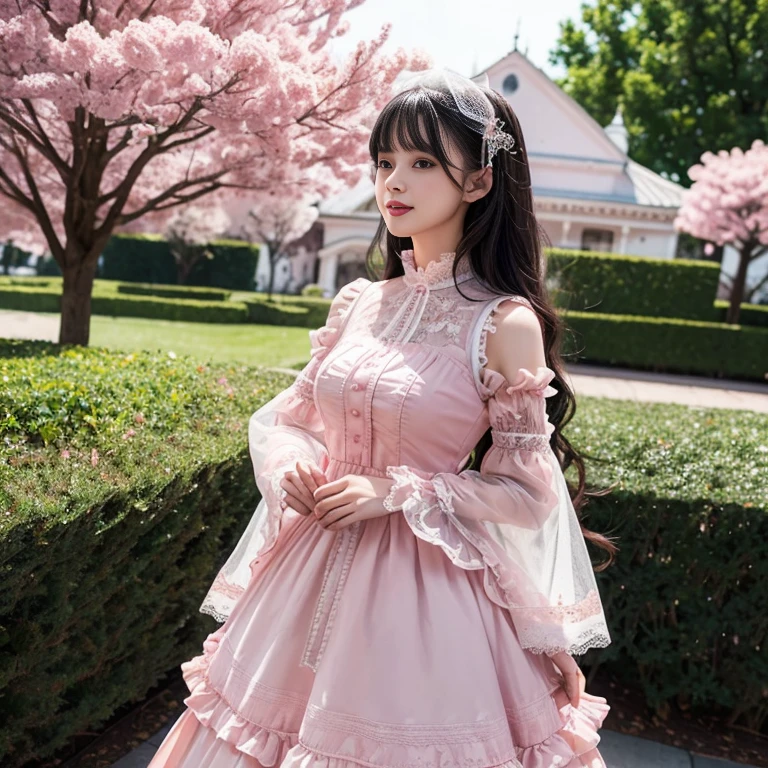 daytime,Side shot,In front of the amusement park castle,,skyscraper, best quality, Delicate face,beautiful visual work, lifelike, eternity, black hair, Long curly hair, blunt bangs, Smile, Detailed Background, Delicate face,pink blush,cold,((masterpiece))、(top quality)、8k、high detail、Super detailed,31 years old female,Wearing ta dress、Seductive and whimsical style、masterpiece、born、Scenes resembling fairy tale illustrations、Intricate details and complex designs、Beautifully、magic、capricious、 Beautifully、Dream aesthetics、「𝓡𝓸𝓶𝓪𝓷𝓽𝓲𝓬、ethereal、charming、fickle、magic」、Realism、Visual effects、FXAA、SSAO、Shaders、voiceless、ambient lighting、Tone mapping、High resolution、Ultra high quality、Million pixels、(8K resolution:1.10)、8k、Below 8K、8K resolution、high detail、intricate details, (high quality:1.2、masterpiece:1.2、:1.21)、(31 years old female:1.21)、(Smile excitedly)、(Surrounded by the dreamy atmosphere、Model diagram,full-body shot,Normal 2 feet,Don't show your fingers,pink dress, lots of lace,layered dress, Long sleeve,Puff sleeves,Transparent sleeves,Bow at the back of the waist, Skirt length to calf, cupcake dress, Layered skirt with lace on each layer, Wear a LOLIress, layered dress, Pink lolita s, lots of lace, Long sleeve, Wide sleeves, Big skirt, layered lace skirt, Puff sleeves, Wide sleeves, Transparent sleeves子, intricate details showcase the ruffles and intricate designs of the Lolita dressaring a lolita dress, Bo the back of the waist, Skirt length to calf, cupcake dress, Layered skirt with lace on each layer, Wear a LOLITA dress, layereess, Pink lolita skirt, lots of laLong sleeve, Wide sleeves, Big skirt, layered lace skirt, Puff sleeves, Wide sleeves, Transparent sleeves子, intricate details showcase the ruffles and intricate designs of the Lolita dress, Wearing a loliress, Cold Heat,mature w, There are many bows on the dress