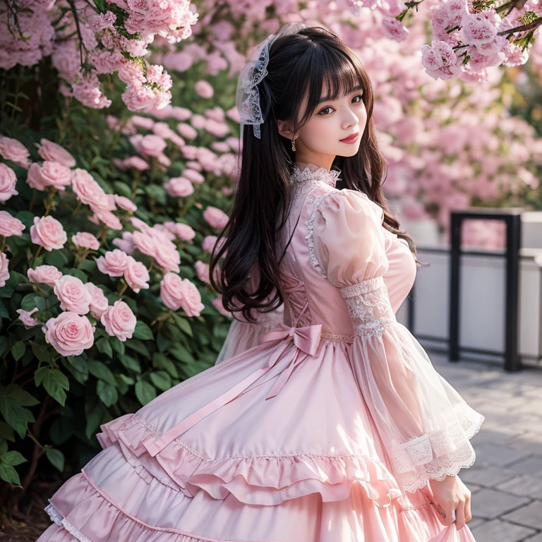 daytime,Side shot,In front of the amusement park castle,，skyscraper, best quality, Delicate face，beautiful visual work, lifelike,  eternity, black hair, Long curly hair, blunt bangs, Smile, Detailed Background,  Delicate face，pink blush，cold，((masterpiece))、(top quality)、8k、high detail、Super detailed，31 years old female，Wearing lolita dress、Seductive and whimsical style、masterpiece、born、Scenes resembling fairy tale illustrations、Intricate details and complex designs、Beautifully、magic、capricious、 Beautifully、Dream aesthetics、「𝓡𝓸𝓶𝓪𝓷𝓽𝓲𝓬、ethereal、charming、fickle、magic」、Realism、Visual effects、FXAA、SSAO、Shaders、voiceless、ambient lighting、Tone mapping、High resolution、Ultra high quality、Million pixels、(8K resolution:1.10)、8k、Below 8K、8K resolution、high detail、intricate details， (high quality:1.2、masterpiece:1.2、:1.21)、(31 years old female:1.21)、(Smile excitedly)、(Surrounded by the dreamy atmosphere、Model diagram，full-body shot，Normal 2 feet，Don't show your fingers，pink dress, lots of lace,layered dress， Long sleeve，Puff sleeves,Transparent sleeves，Bow at the back of the waist, Skirt length to calf, cupcake dress, Layered skirt with lace on each layer, Wear a LOLITA dress, layered dress, Pink lolita skirt, lots of lace, Long sleeve, Wide sleeves, Big skirt, layered lace skirt, Puff sleeves, Wide sleeves, Transparent sleeves子, intricate details showcase the ruffles and intricate designs of the Lolita dress, Wearing a lolita dress, Bow at the back of the waist, Skirt length to calf, cupcake dress, Layered skirt with lace on each layer, Wear a LOLITA dress, layered dress, Pink lolita skirt, lots of lace, Long sleeve, Wide sleeves, Big skirt, layered lace skirt, Puff sleeves, Wide sleeves, Transparent sleeves子, intricate details showcase the ruffles and intricate designs of the Lolita dress, Wearing a lolita dress, Cold Heat，mature woman, There are many bows on the dress