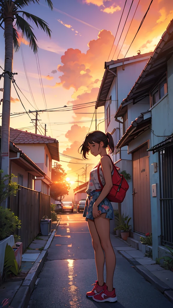 A Young Sexy Woman Standing On Road she wearing printed underwear Digital illustration depicting a vibrant sunset scene in a tropical setting. The layout features a street lined with palm trees and small houses with tiled roofs on the left side. A classic red car is parked on the street, facing away from the viewer, with its license plate visible. The sky is ablaze with shades of orange, red, and purple, casting a warm glow over the entire scene. Power lines stretch across the sky, The overall atmosphere is serene and nostalgic, capturing the beauty of a tropical sunset. The artist's signature is present in the bottom right corner.
