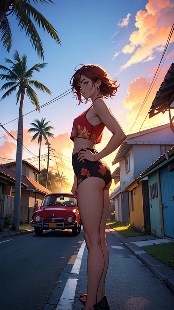 A Young Sexy Woman Standing On Road she wearing printed underwear Digital illustration depicting a vibrant sunset scene in a tropical setting. The layout features a street lined with palm trees and small houses with tiled roofs on the left side. A classic red car is parked on the street, facing away from the viewer, with its license plate visible. The sky is ablaze with shades of orange, red, and purple, casting a warm glow over the entire scene. Power lines stretch across the sky, The overall atmosphere is serene and nostalgic, capturing the beauty of a tropical sunset. The artist's signature is present in the bottom right corner.