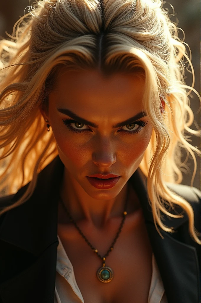 Violent blonde lady with vertical curls