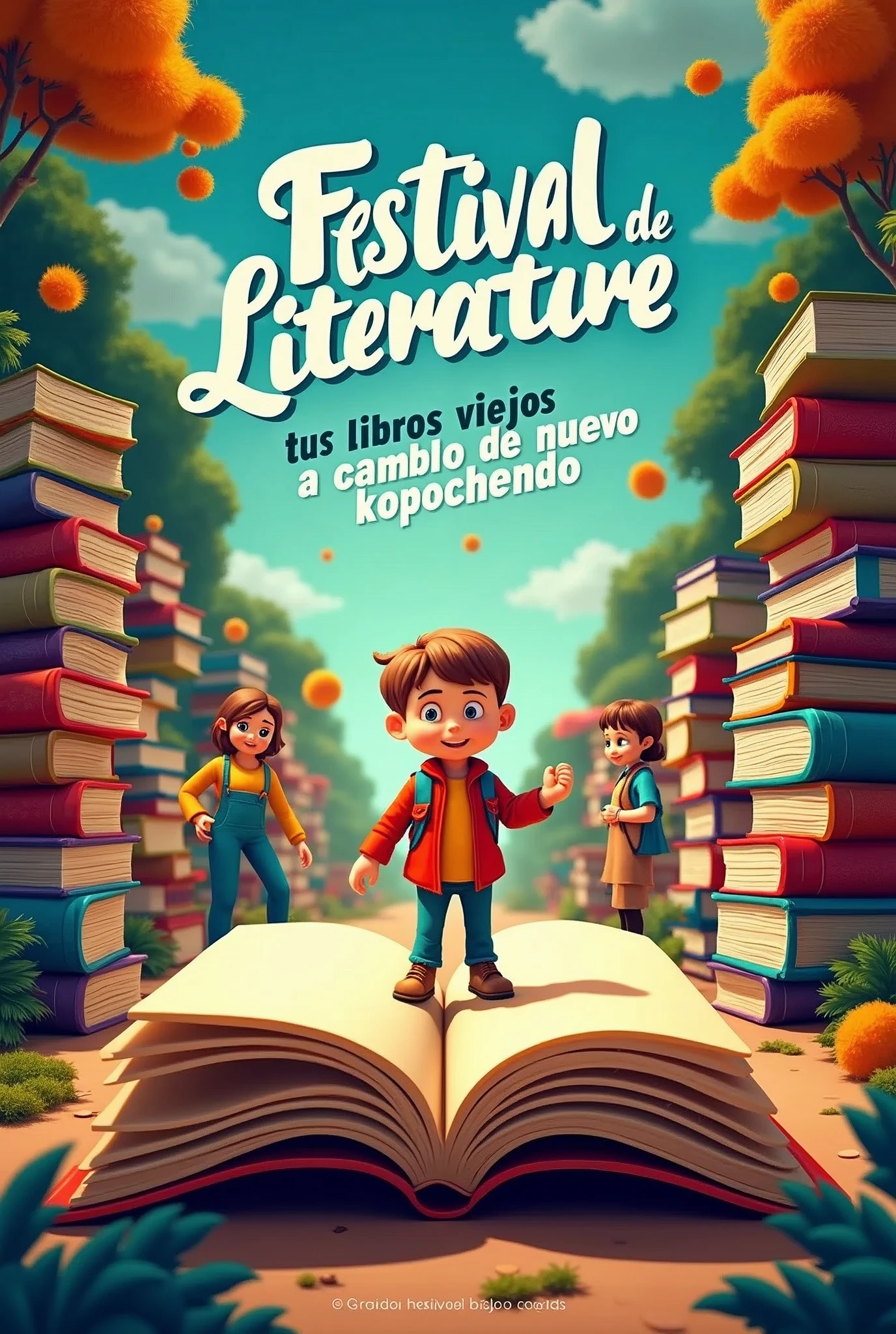 A poster with a striking background of an animated story image type that has the theme of "festival de literatura" with the slogan "tus libros viejos a cambio de nuevo conocimiento" that also includes the date of the event which is "September 4, 2024" and the place "salón Claudia lars" that captures attention of the readers of the poster and that the typography is striking and modern