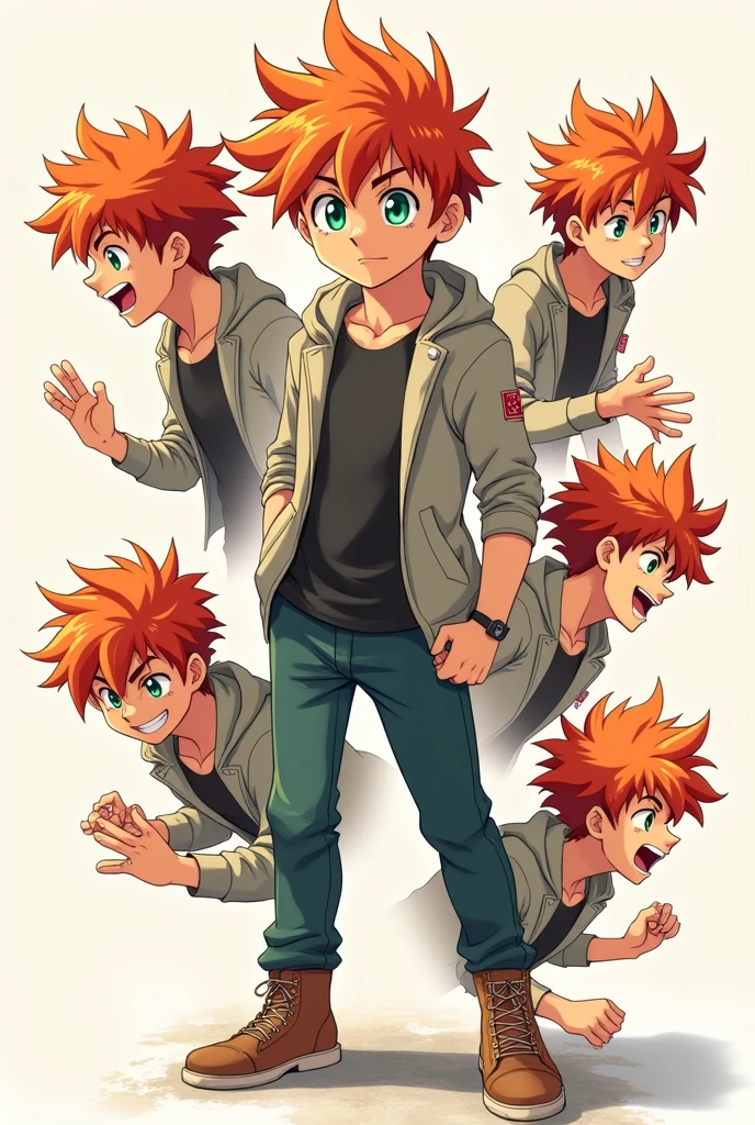 Young redhead 20 year old man in different anime style poses 