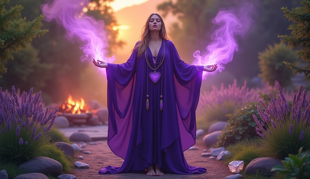 mulher com capa ESTILOSA violeta de sacerdutisa, du , no chakra da coroa e du peito sai uma grande chama violeta, convey depth, ao fundu jardim com varias ervas aromatizantes, Lavender, mint, many crystals, fogueira ao fundu, num por du sol